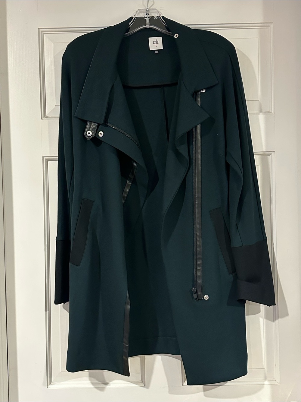 CAbi Deep Teal Draped Moto-Style Long Jacket